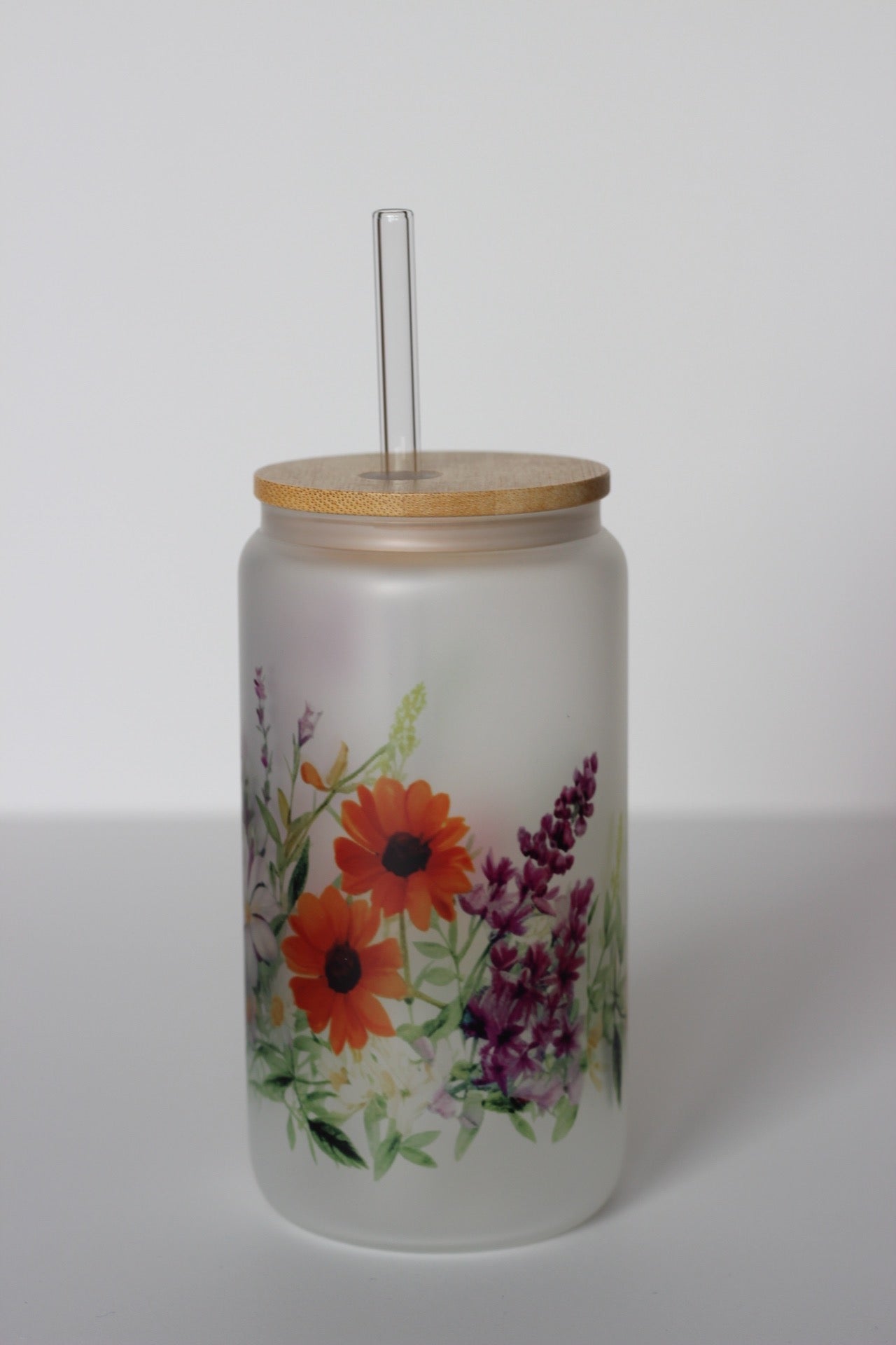 Bright Flower Glass Cup with lid and straw