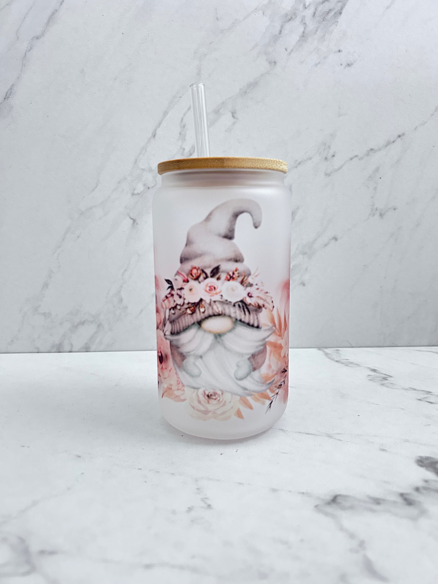 Gnome Glass Cup with lid and straw