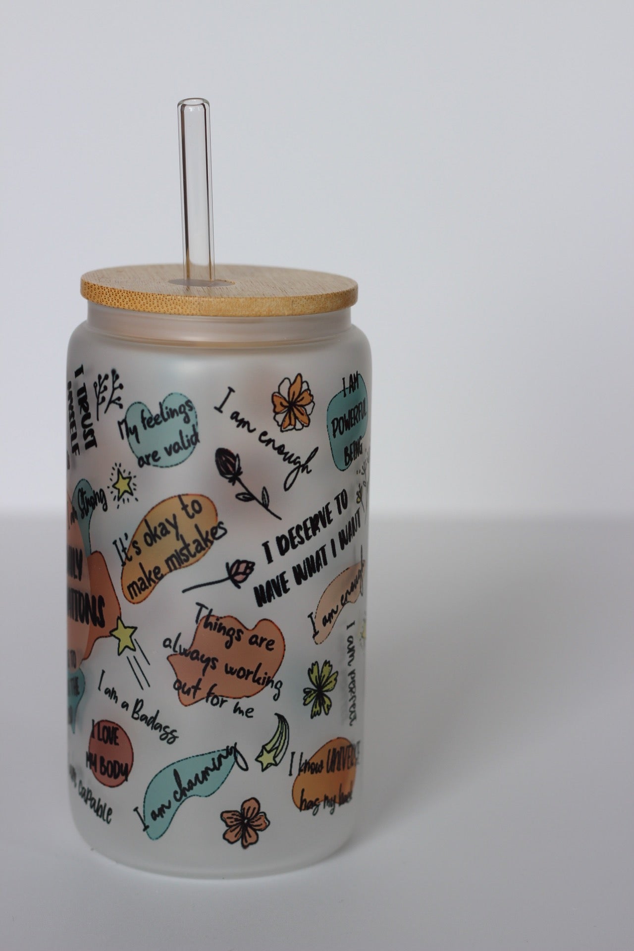 Daily Affirmations Glass Cup with lid and straw