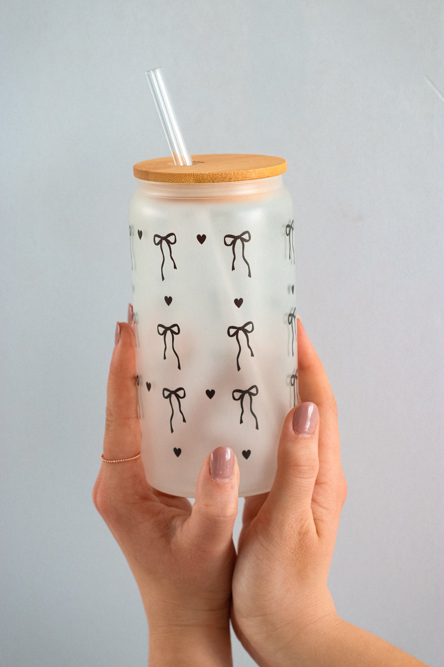 Black Bow Glass Cup with lid and straw