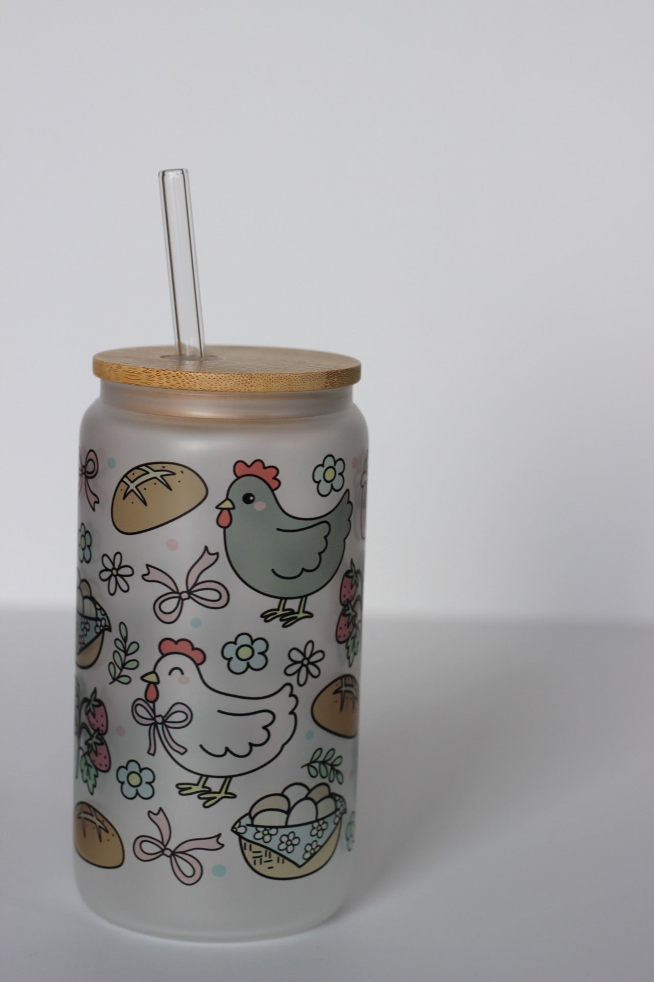 Chicken Homestead Glass Cup with lid and straw
