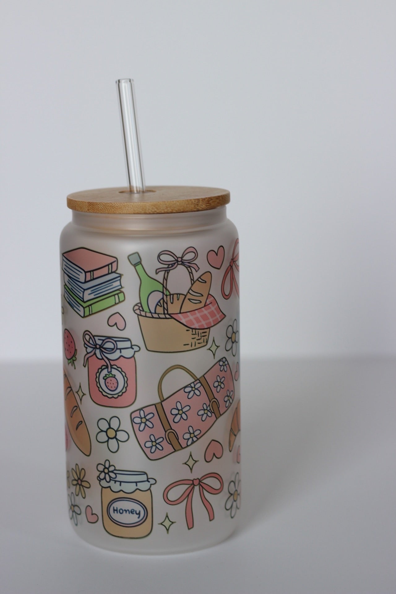 Picnic Glass Cup with lid and straw