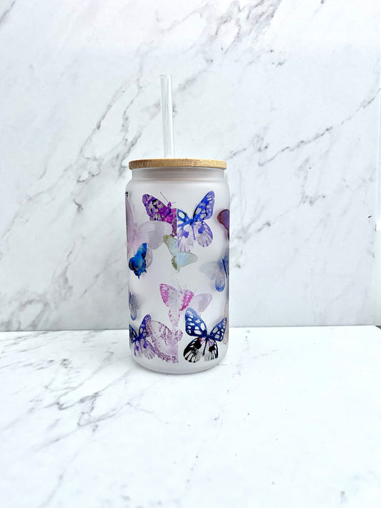 Butterfly Glass Cup with lid and straw