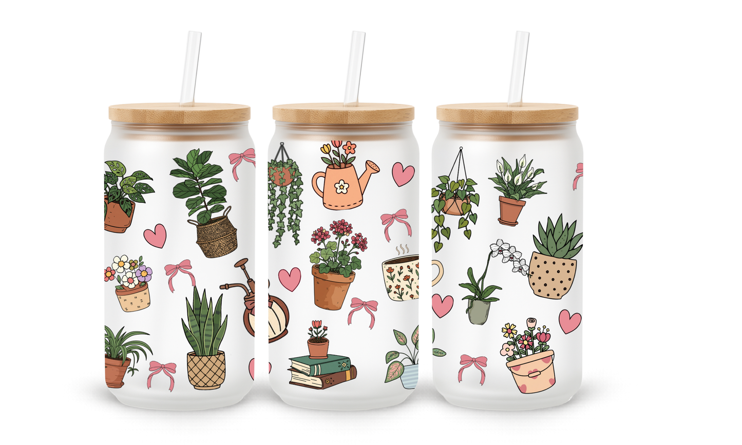 Plants Glass Cup with lid and straw