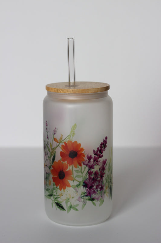 Bright Flower Glass Cup with lid and straw