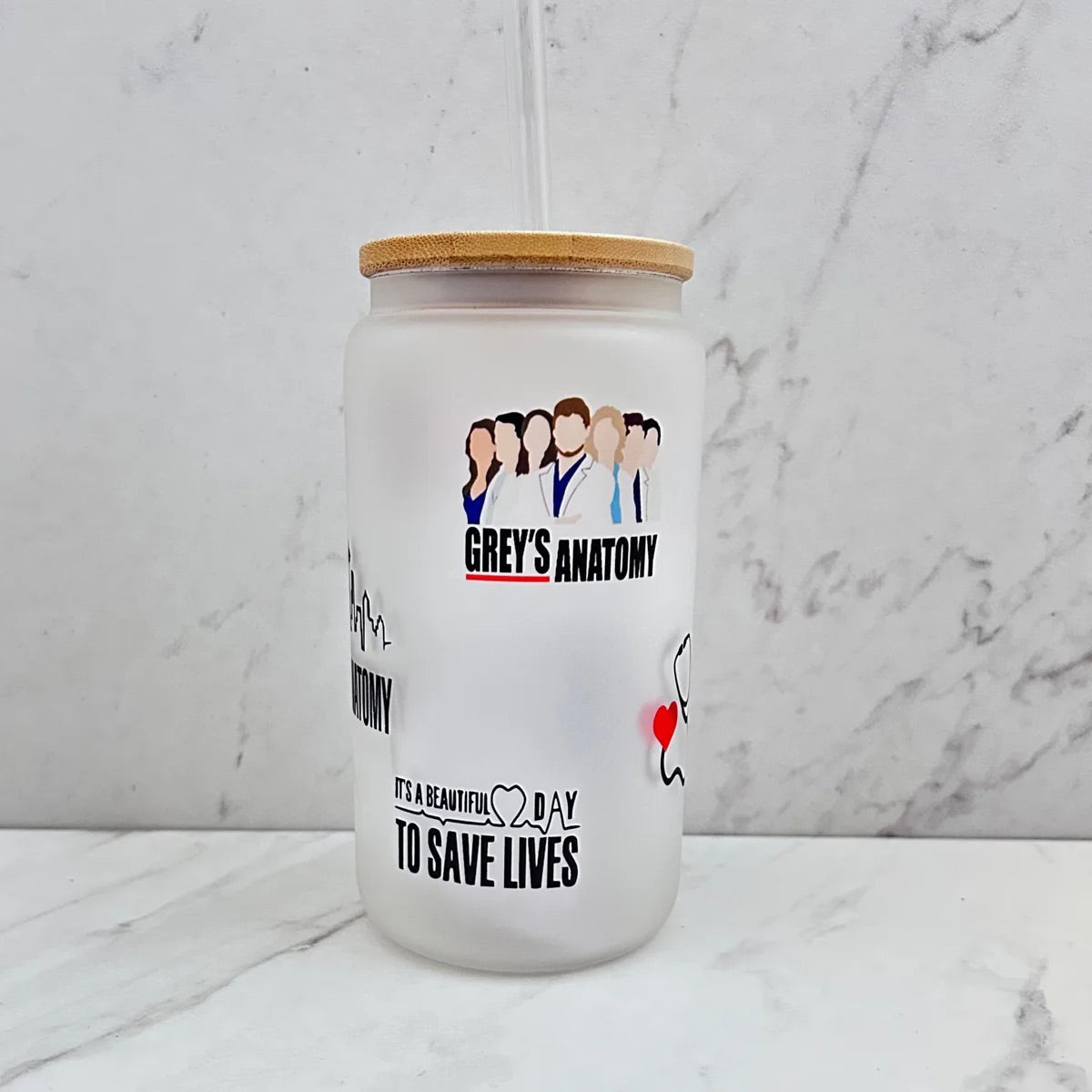 Grey’s Anatomy Glass Cup with lid and straw