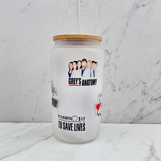Grey’s Anatomy Glass Cup with lid and straw