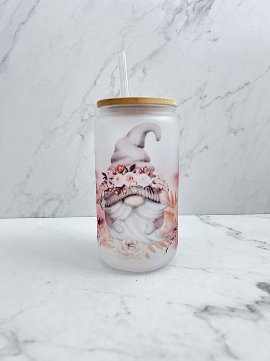 Gnome Glass Cup with lid and straw