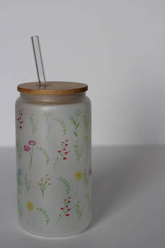 Florals Glass Cup with lid and straw