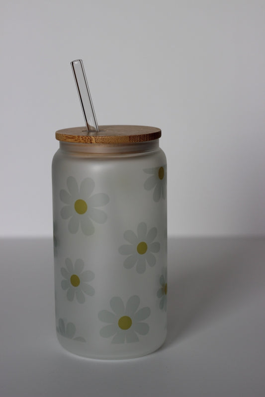 Daisy Glass Cup with lid and straw