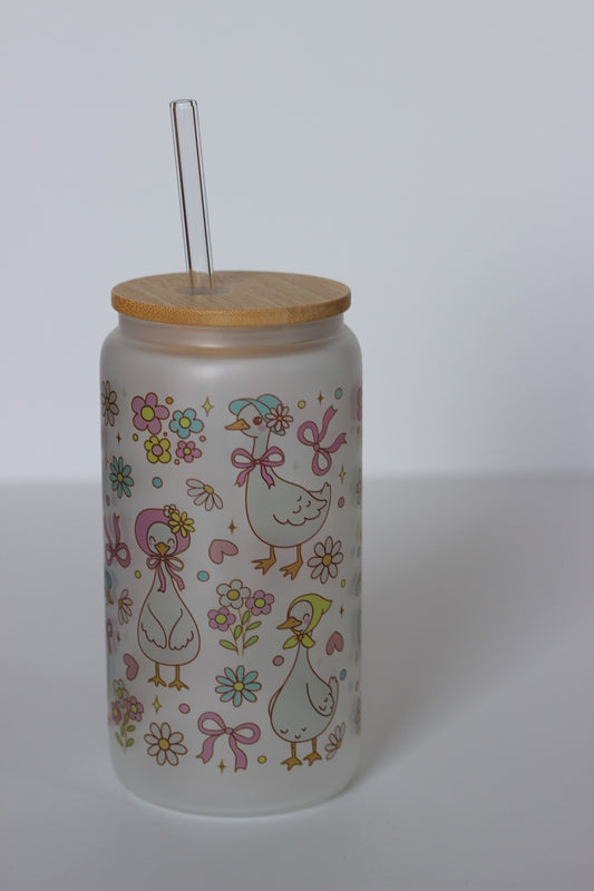Goose Glass Cup with lid and straw