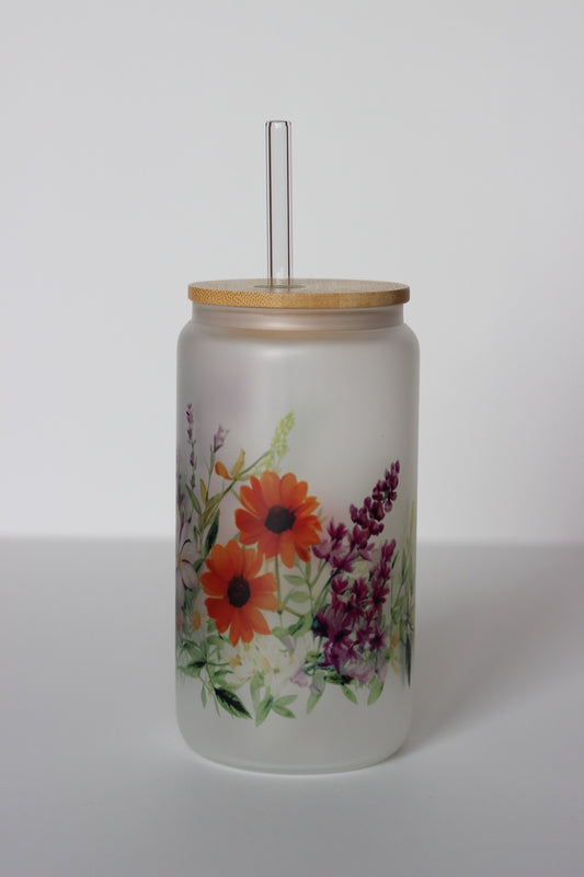Flower Glass Cup with lid and straw