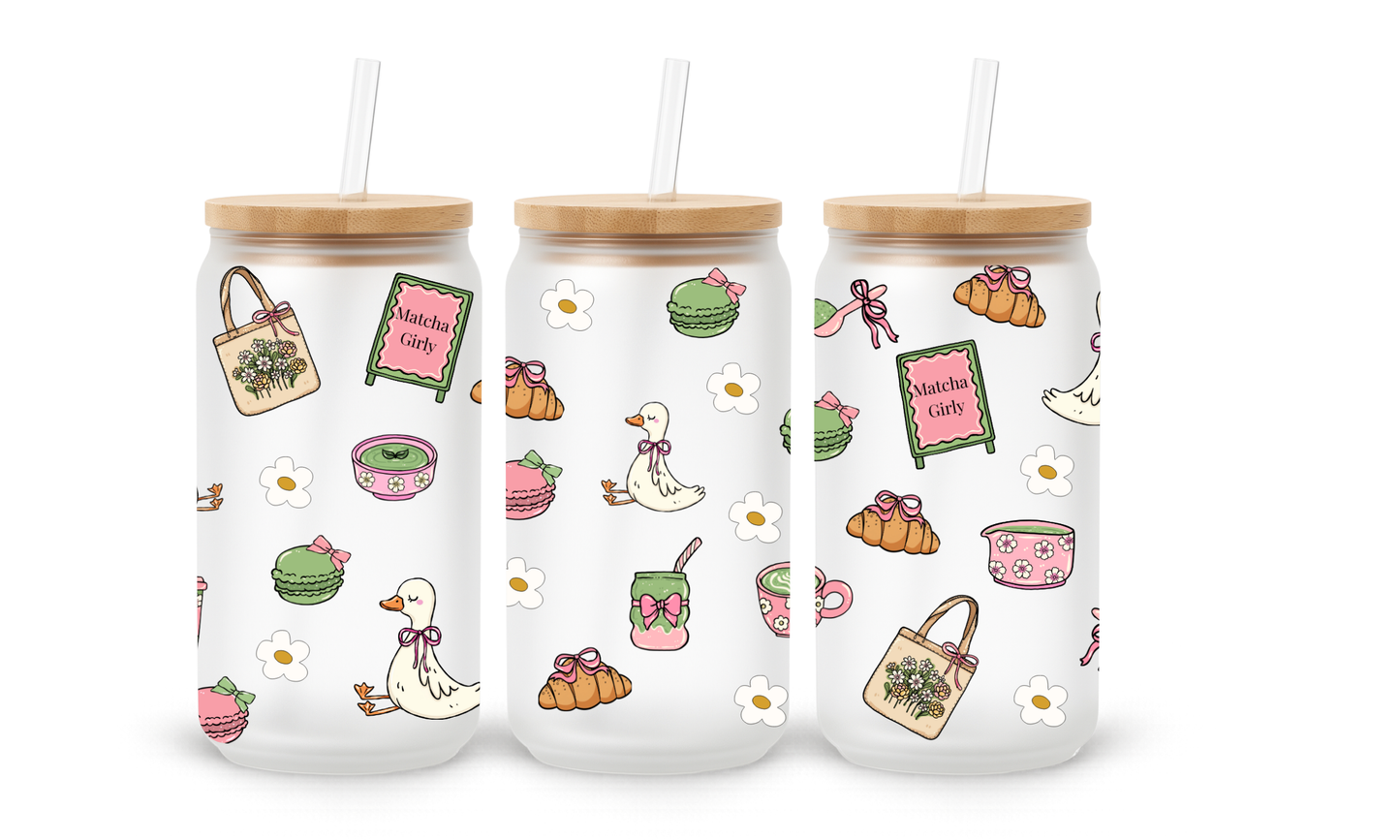 Matcha Girlie Glass Cup with lid and straw