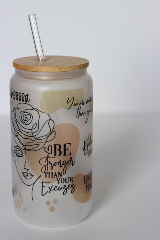 Daily Affirmations Glass Cup with lid and straw