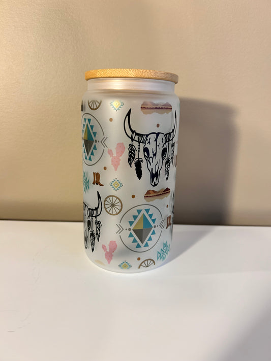 Cow Girl Glass Cup with lid and straw