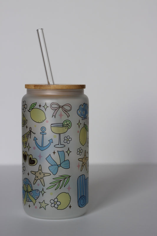 Summer Vibes Glass Cup with lid and straw