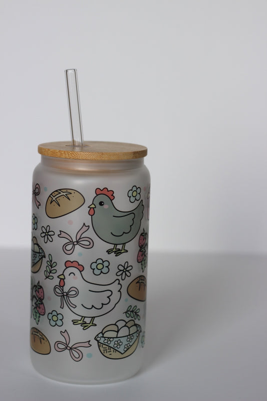 Chicken Homestead Glass Cup with lid and straw