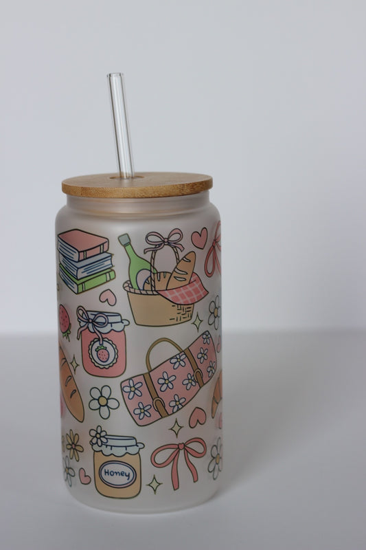 Picnic Glass Cup with lid and straw