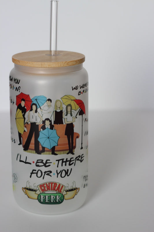 Friends Glass Cup with lid and straw