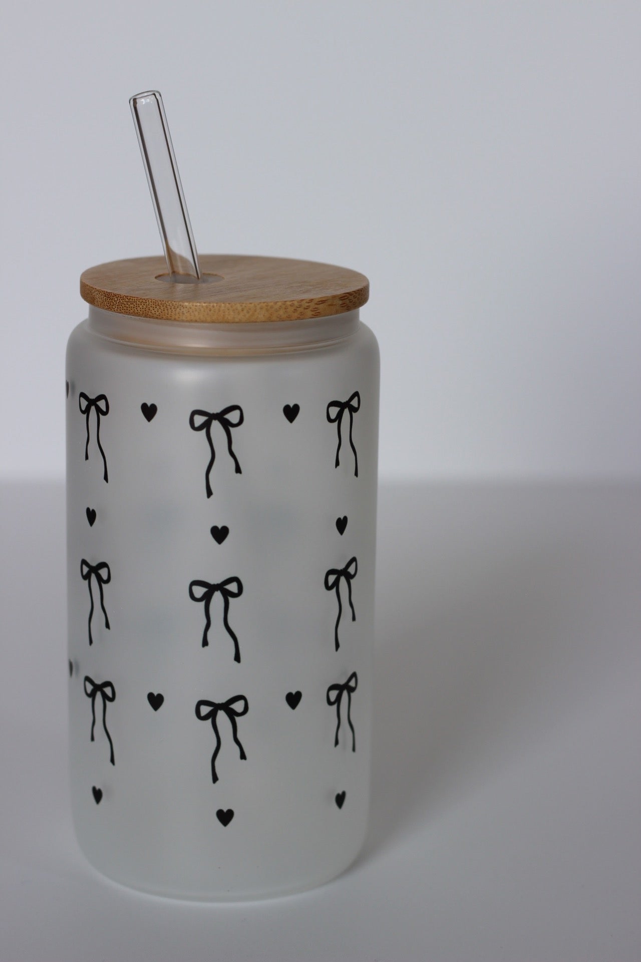 Black Bow Glass Cup with lid and straw