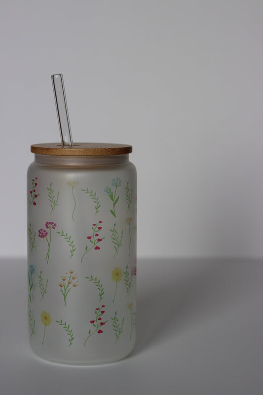 Dainty Flower Glass Cup with lid and straw