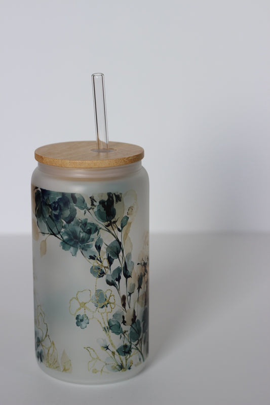 Blue and Gold Glass cup with lid and straw