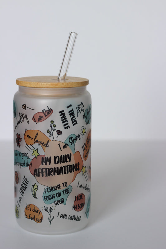 Daily Affirmations Glass Cup with lid and straw