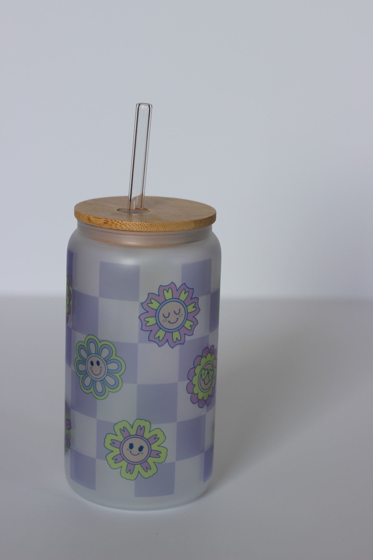 Purple Checkered Glass Cup with lid and straw
