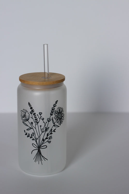 Black Flower Glass Cup with lid and straw