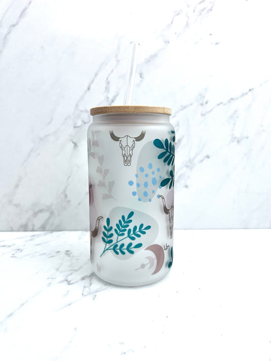 Cow Girl Glass Cup with lid and straw